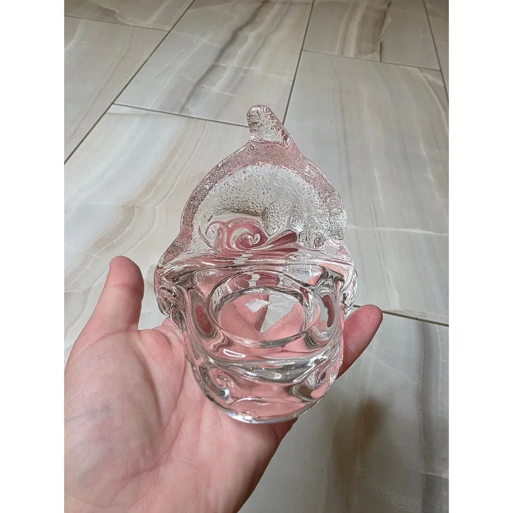 Clear Art Glass Dolphin Wave Votive Candle Holder Nautical Figurine 4.5‎ inch E1